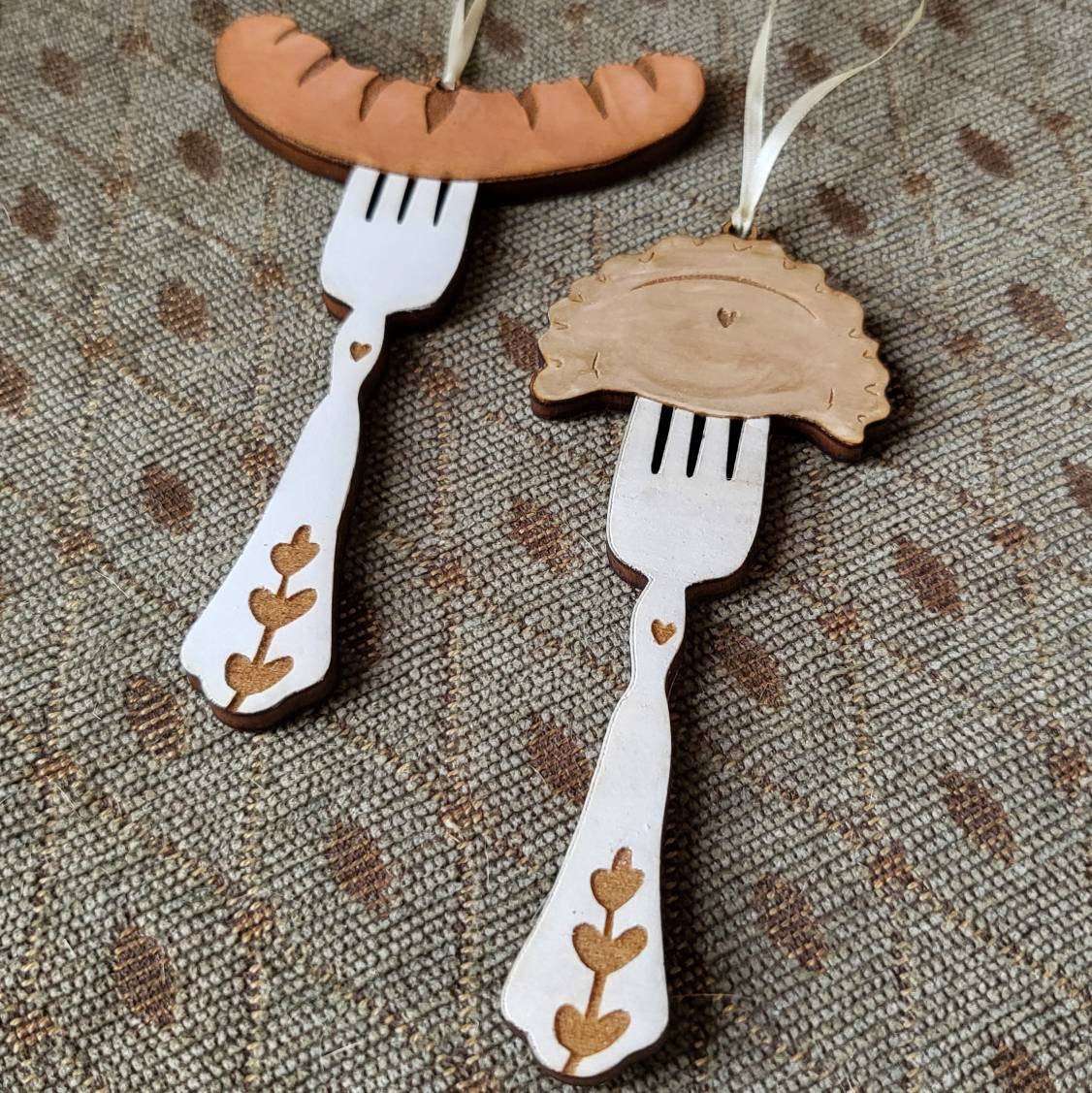 Sausage on Fork Ornament, Laser Engraved Ornament, Wood Burned Polish Folk Art Christmas Poland Gift Lover hot dog German Oktoberfest