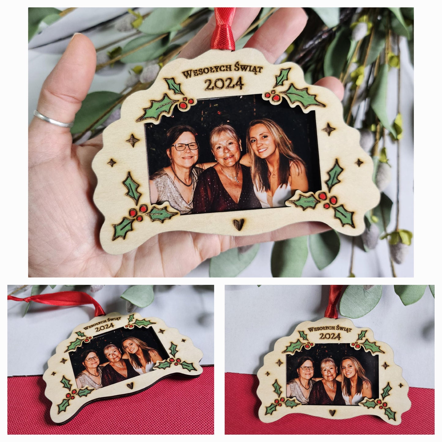 Pierogi Photo Frame Ornament, Holly Berry Christmas 2026, Laser Engraved Polish Gift, Custom 2x3 Picture