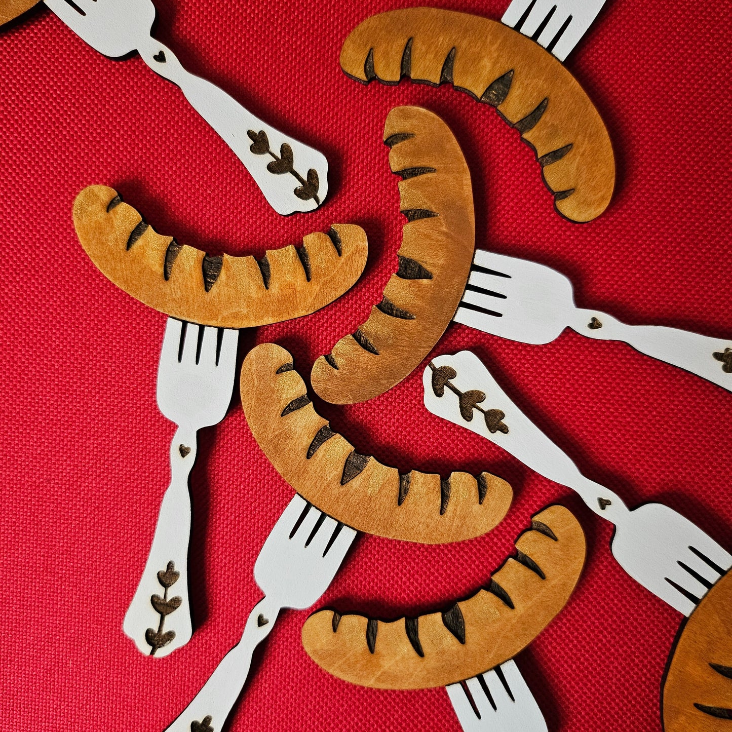 Sausage on Fork Magnet • Laser Engraved Wood Magnet • Polish Folk Art Kitchen Gift • Kielbasa Oktoberfest Magnet