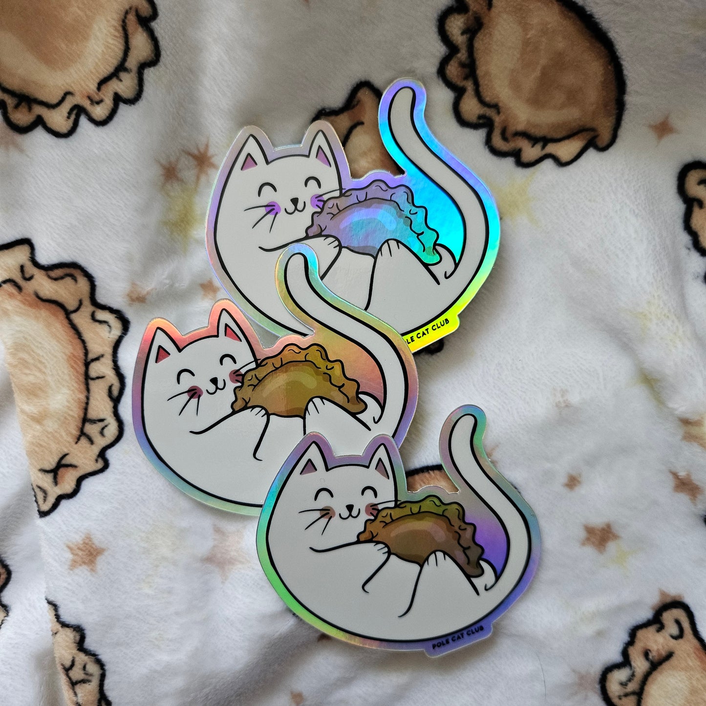 Holographic Cat Pierogi Sticker • Polish Folk Art Waterproof Decal • Dyngus Day Kitty Gift • Rainbow Vinyl Sticker