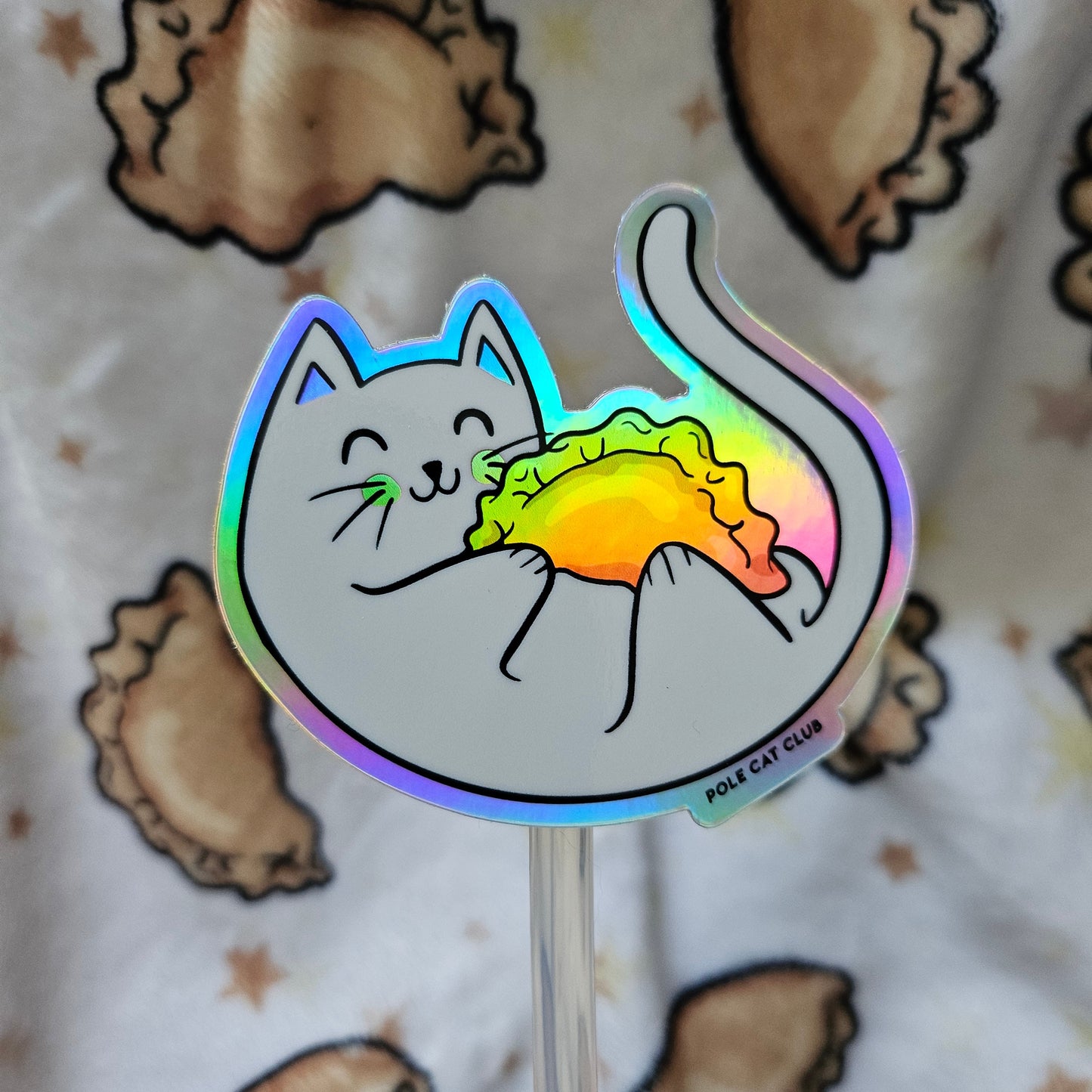 Holographic Cat Pierogi Sticker • Polish Folk Art Waterproof Decal • Dyngus Day Kitty Gift • Rainbow Vinyl Sticker