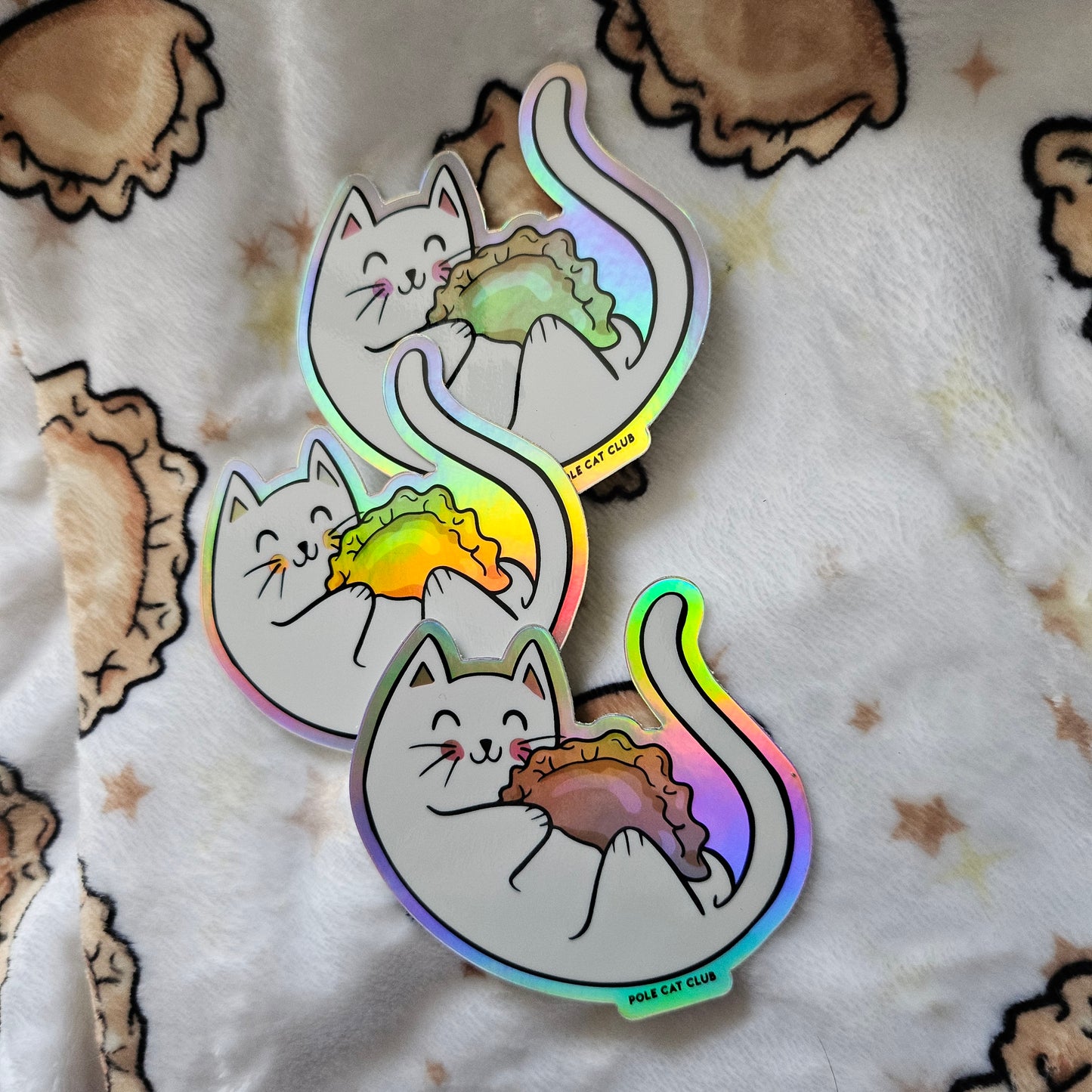 Holographic Cat Pierogi Sticker • Polish Folk Art Waterproof Decal • Dyngus Day Kitty Gift • Rainbow Vinyl Sticker