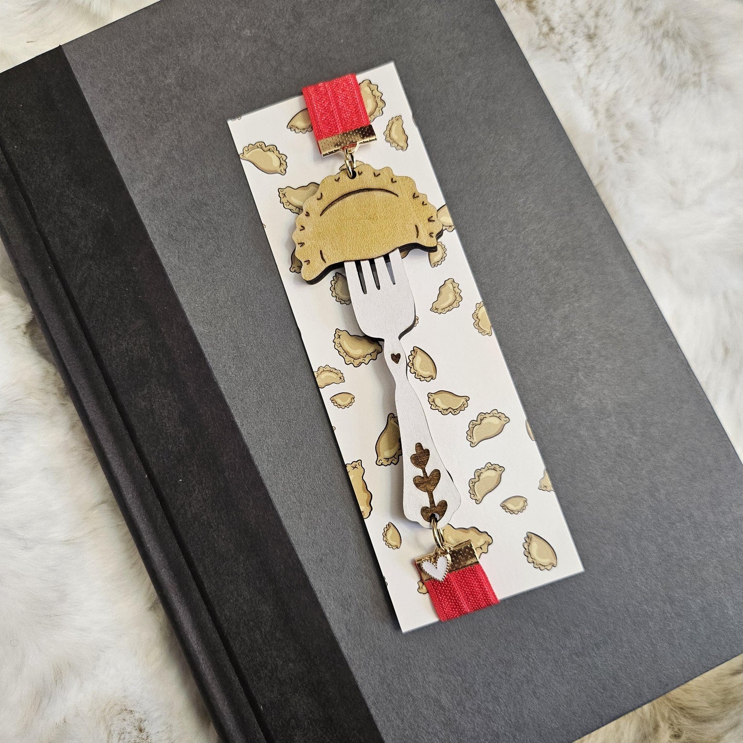 Pierogi on a Fork Bookmark / Elastic Ribbon Band Page Holder with Laser Engraved Wood Design / Book Lover Gift / Dumpling Bookmark / Planner