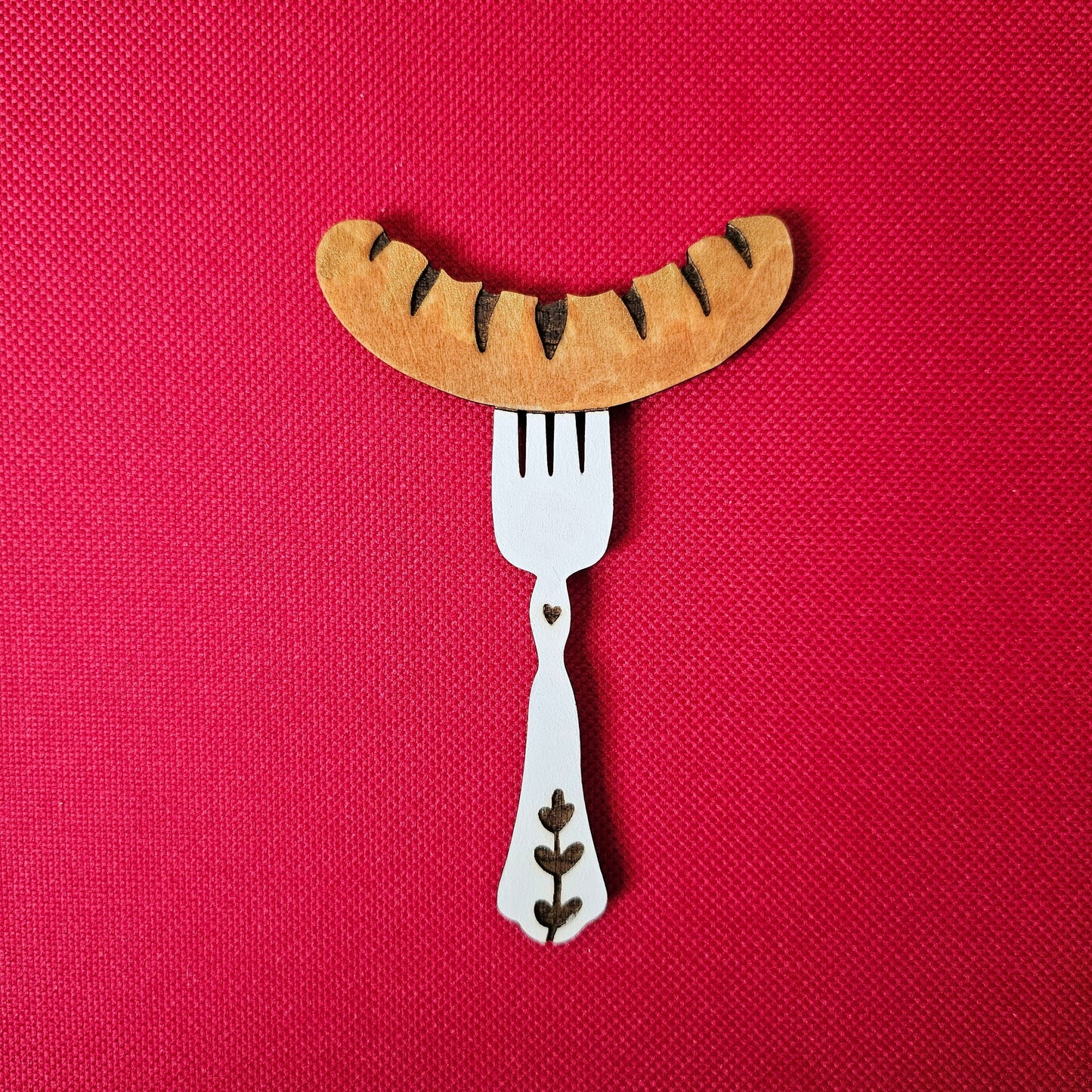 Sausage on Fork Magnet • Laser Engraved Wood Magnet • Polish Folk Art Kitchen Gift • Kielbasa Oktoberfest Magnet