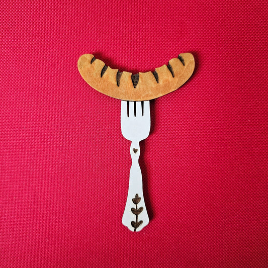 Sausage on Fork Magnet • Laser Engraved Wood Magnet • Polish Folk Art Kitchen Gift • Kielbasa Oktoberfest Magnet