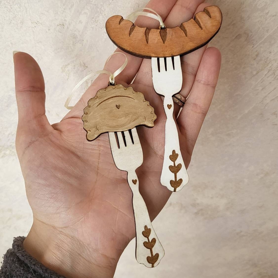 Sausage on Fork Ornament, Laser Engraved Ornament, Wood Burned Polish Folk Art Christmas Poland Gift Lover hot dog German Oktoberfest