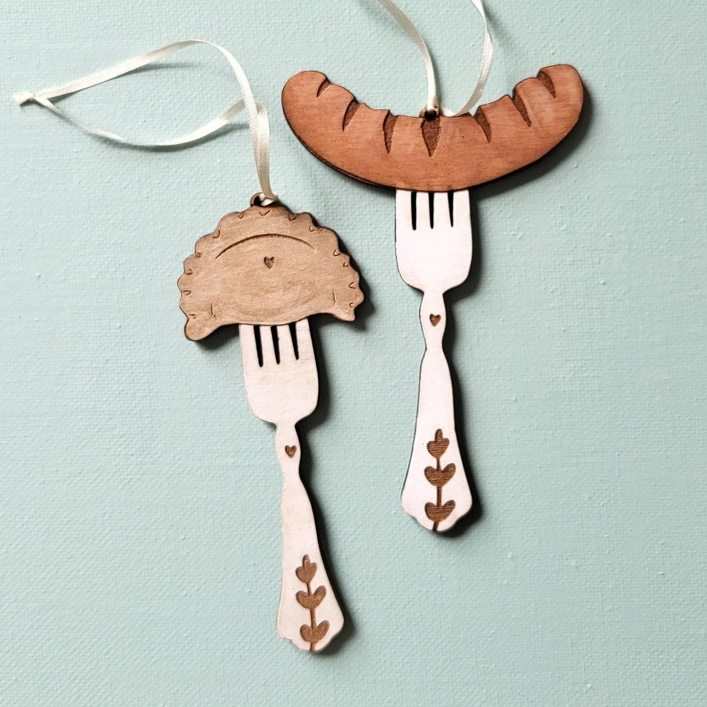 Sausage on Fork Ornament, Laser Engraved Ornament, Wood Burned Polish Folk Art Christmas Poland Gift Lover hot dog German Oktoberfest