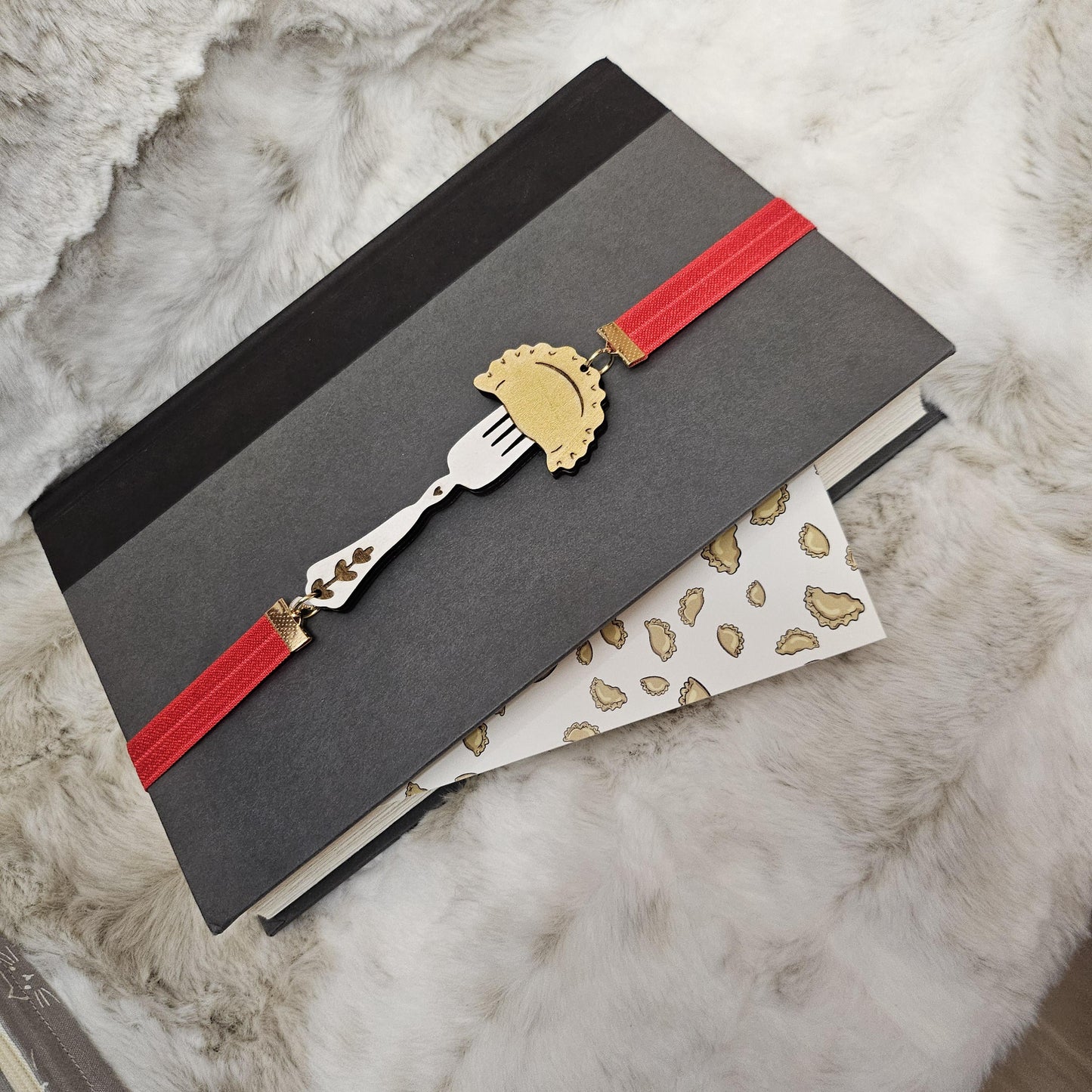 Pierogi on a Fork Bookmark / Elastic Ribbon Band Page Holder with Laser Engraved Wood Design / Book Lover Gift / Dumpling Bookmark / Planner