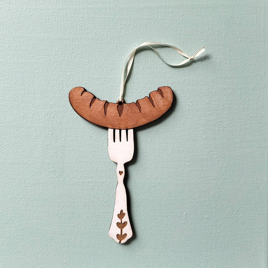 Sausage on Fork Ornament, Laser Engraved Ornament, Wood Burned Polish Folk Art Christmas Poland Gift Lover hot dog German Oktoberfest