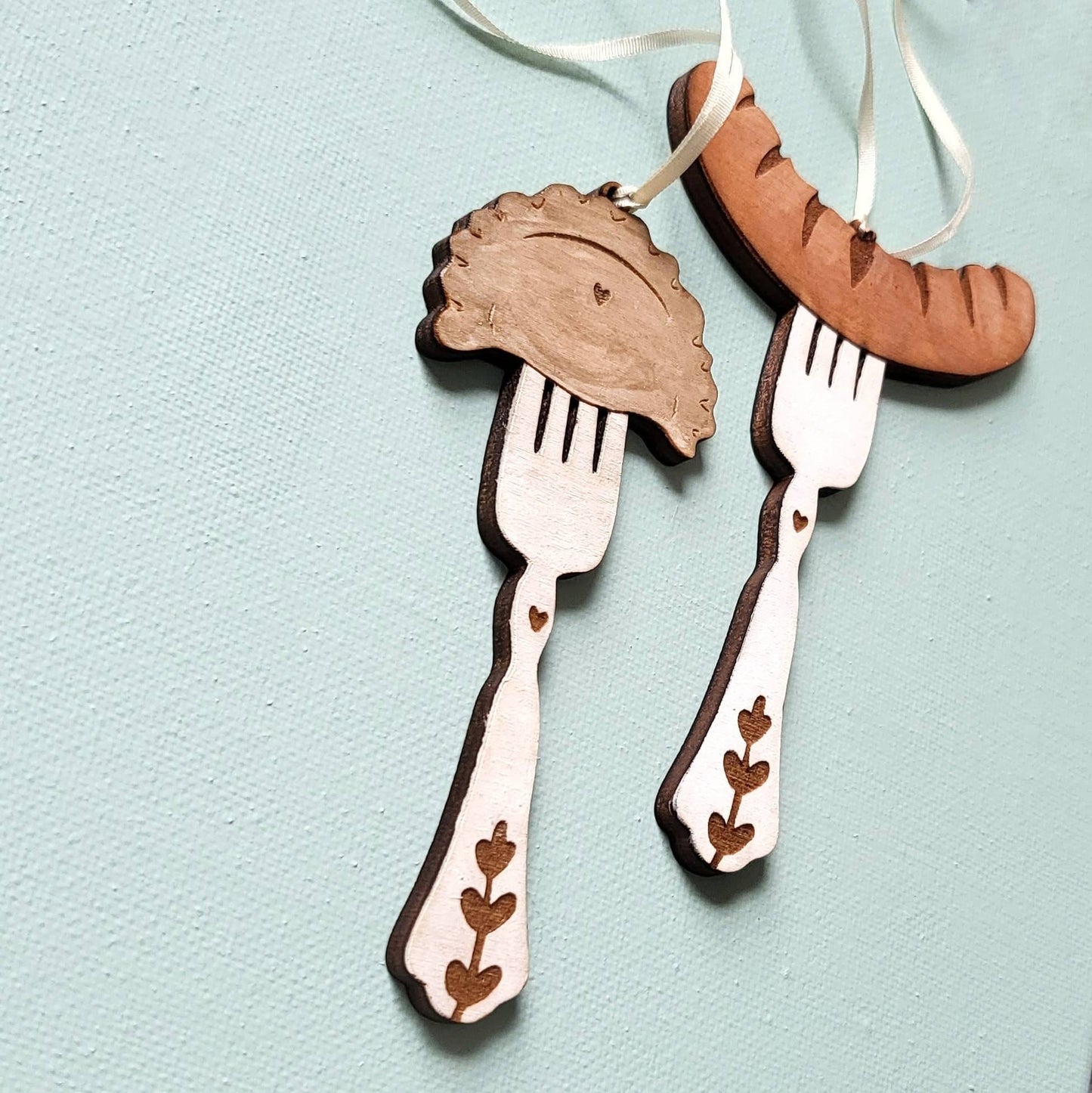 Sausage on Fork Ornament, Laser Engraved Ornament, Wood Burned Polish Folk Art Christmas Poland Gift Lover hot dog German Oktoberfest