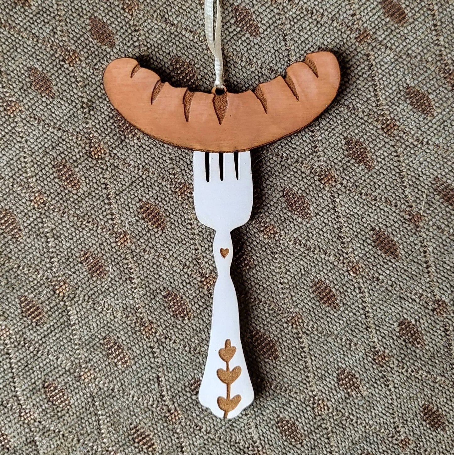 Sausage on Fork Ornament, Laser Engraved Ornament, Wood Burned Polish Folk Art Christmas Poland Gift Lover hot dog German Oktoberfest