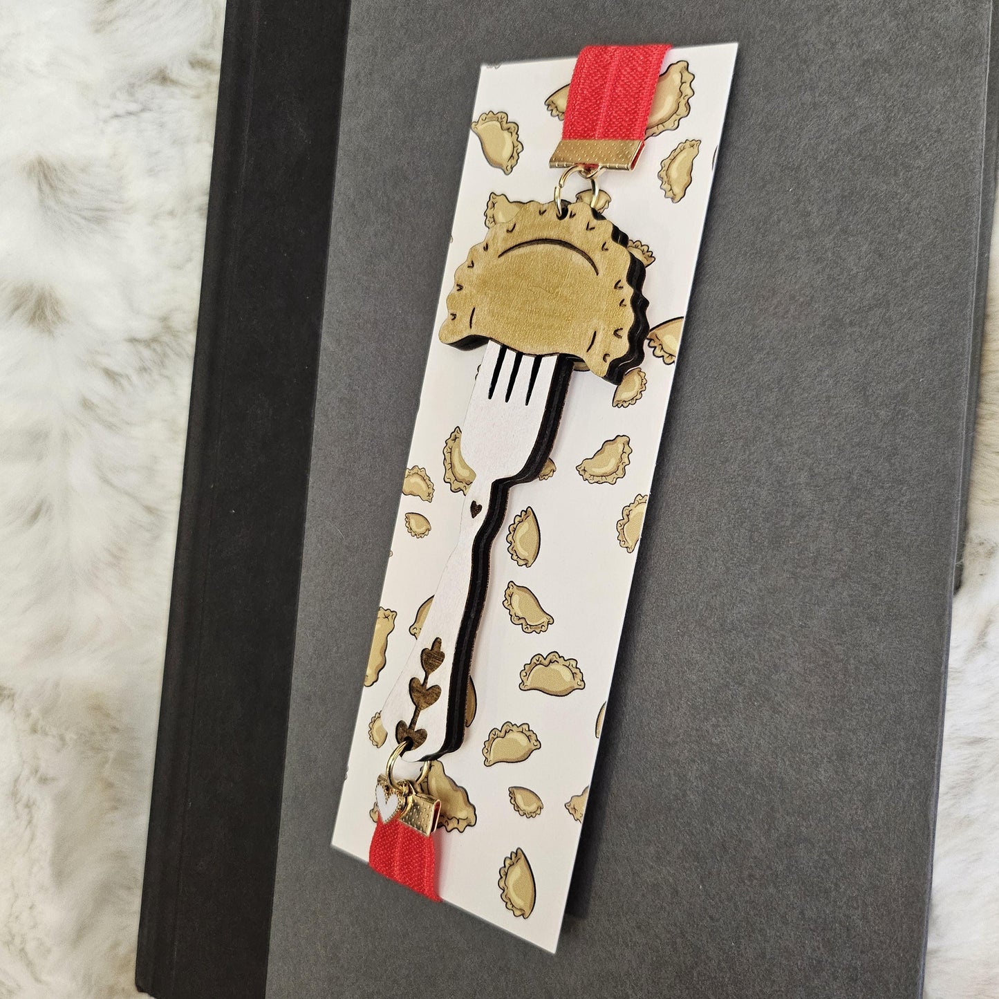 Pierogi on a Fork Bookmark / Elastic Ribbon Band Page Holder with Laser Engraved Wood Design / Book Lover Gift / Dumpling Bookmark / Planner