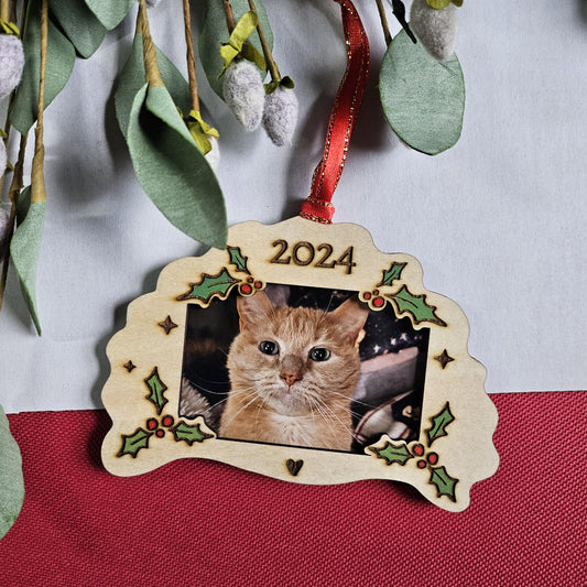 Pierogi Photo Frame Ornament, Holly Berry Christmas 2026, Laser Engraved Polish Gift, Custom 2x3 Picture