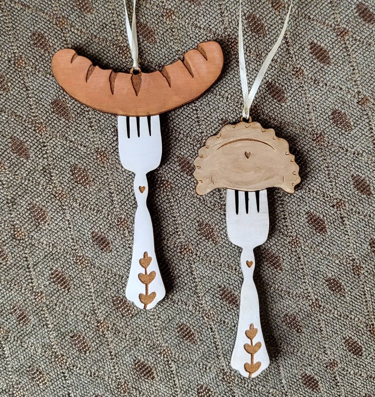 Sausage on Fork Ornament, Laser Engraved Ornament, Wood Burned Polish Folk Art Christmas Poland Gift Lover hot dog German Oktoberfest