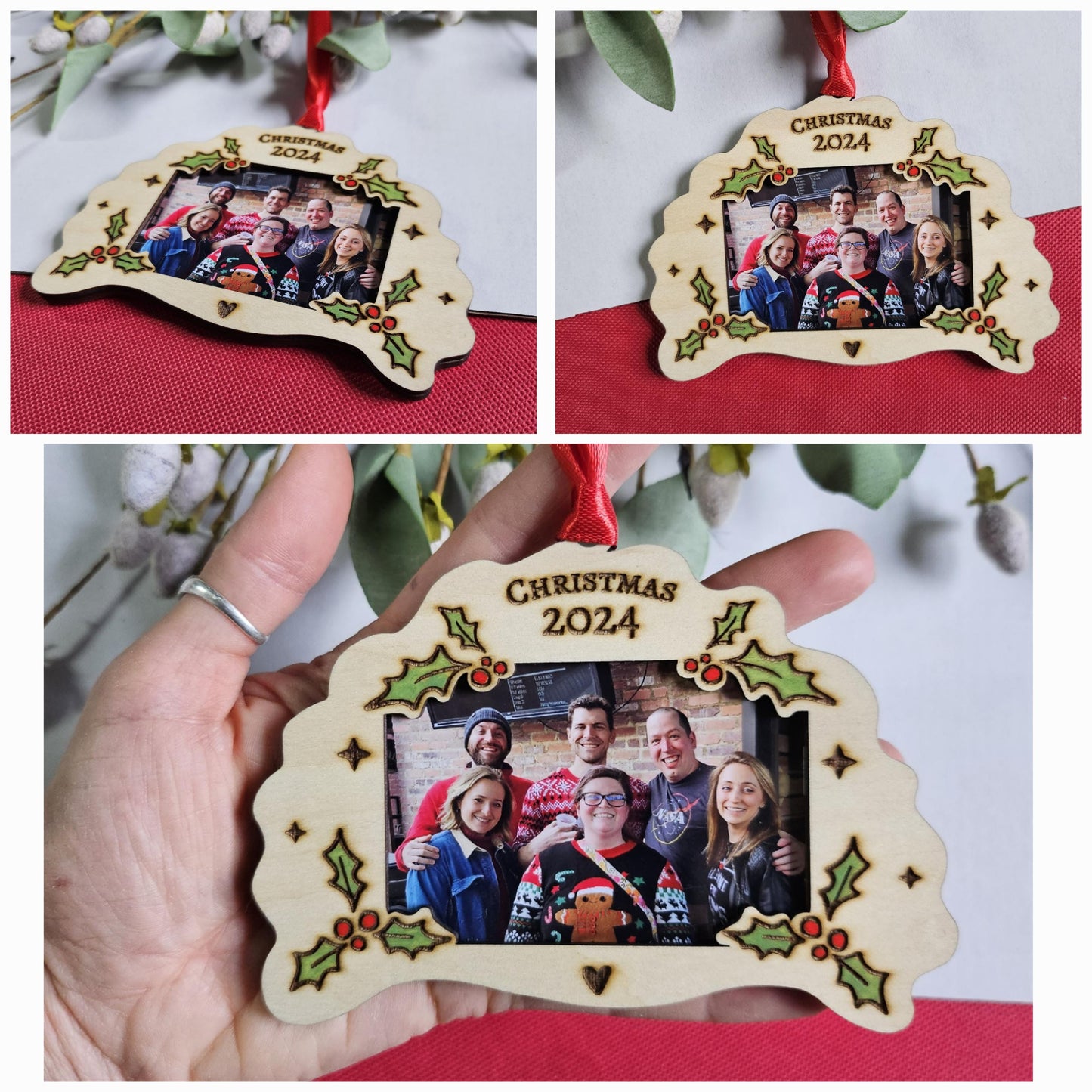 Pierogi Photo Frame Ornament, Holly Berry Christmas 2026, Laser Engraved Polish Gift, Custom 2x3 Picture