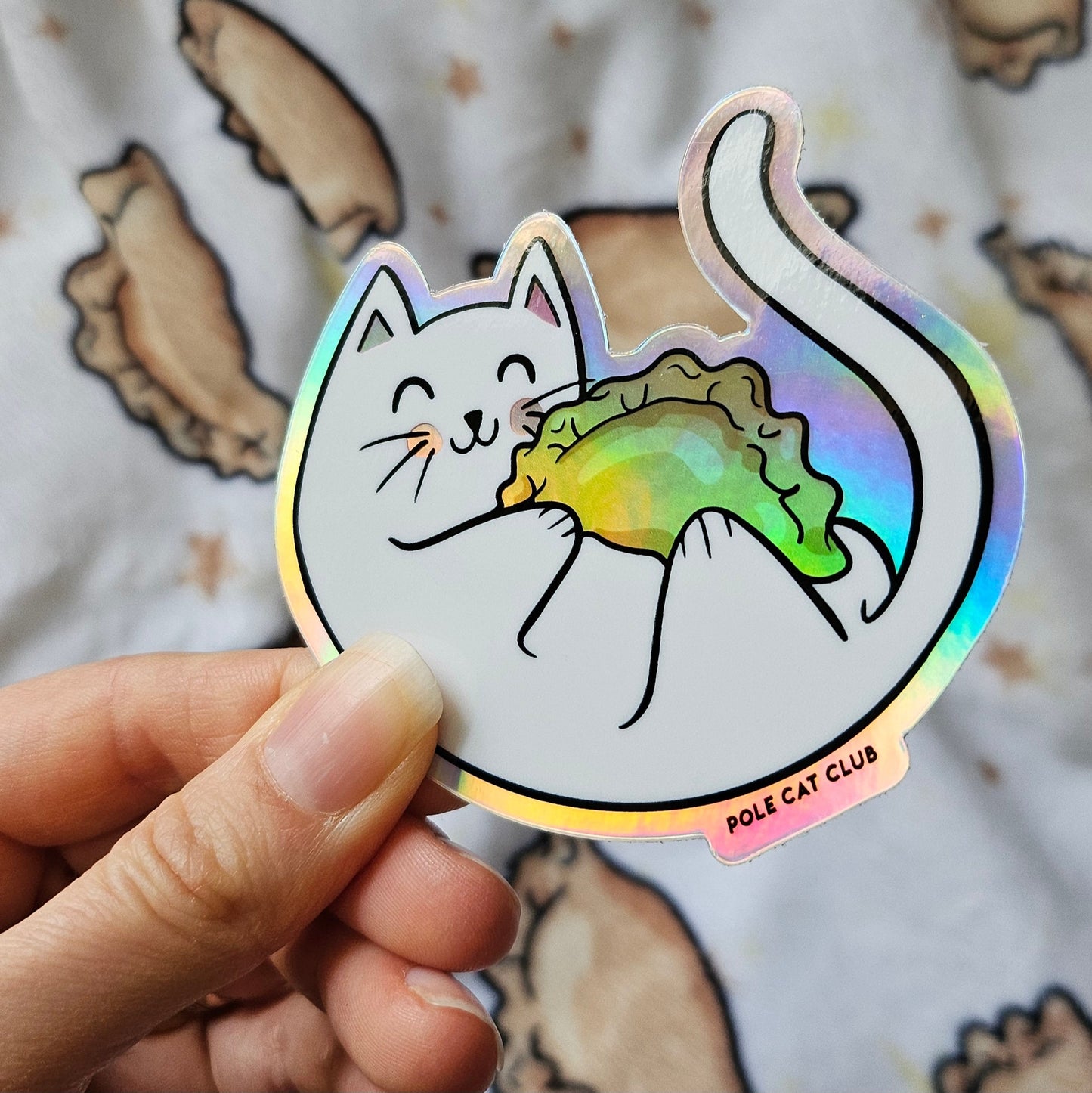Holographic Cat Pierogi Sticker • Polish Folk Art Waterproof Decal • Dyngus Day Kitty Gift • Rainbow Vinyl Sticker