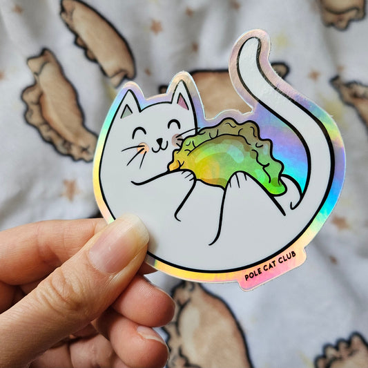 Holographic Cat Pierogi Sticker • Polish Folk Art Waterproof Decal • Dyngus Day Kitty Gift • Rainbow Vinyl Sticker