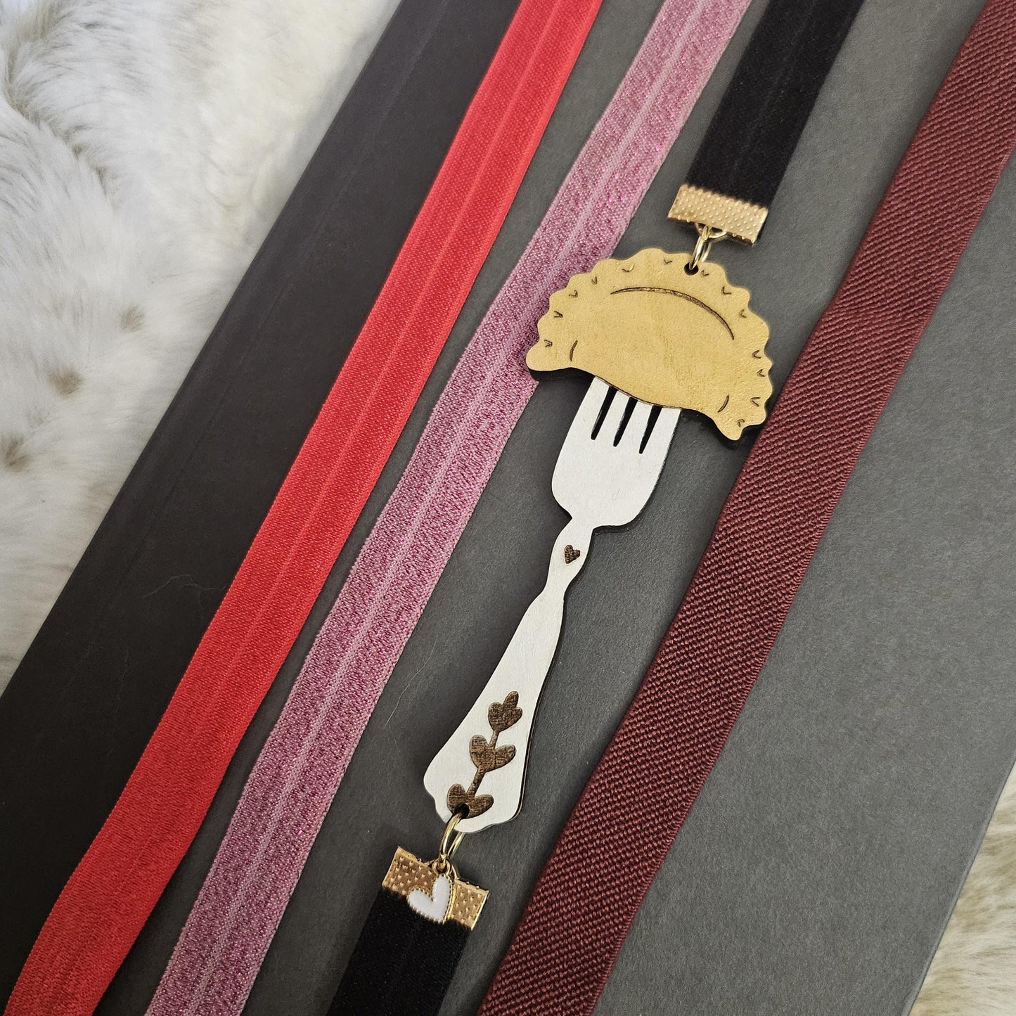 Pierogi on a Fork Bookmark / Elastic Ribbon Band Page Holder with Laser Engraved Wood Design / Book Lover Gift / Dumpling Bookmark / Planner