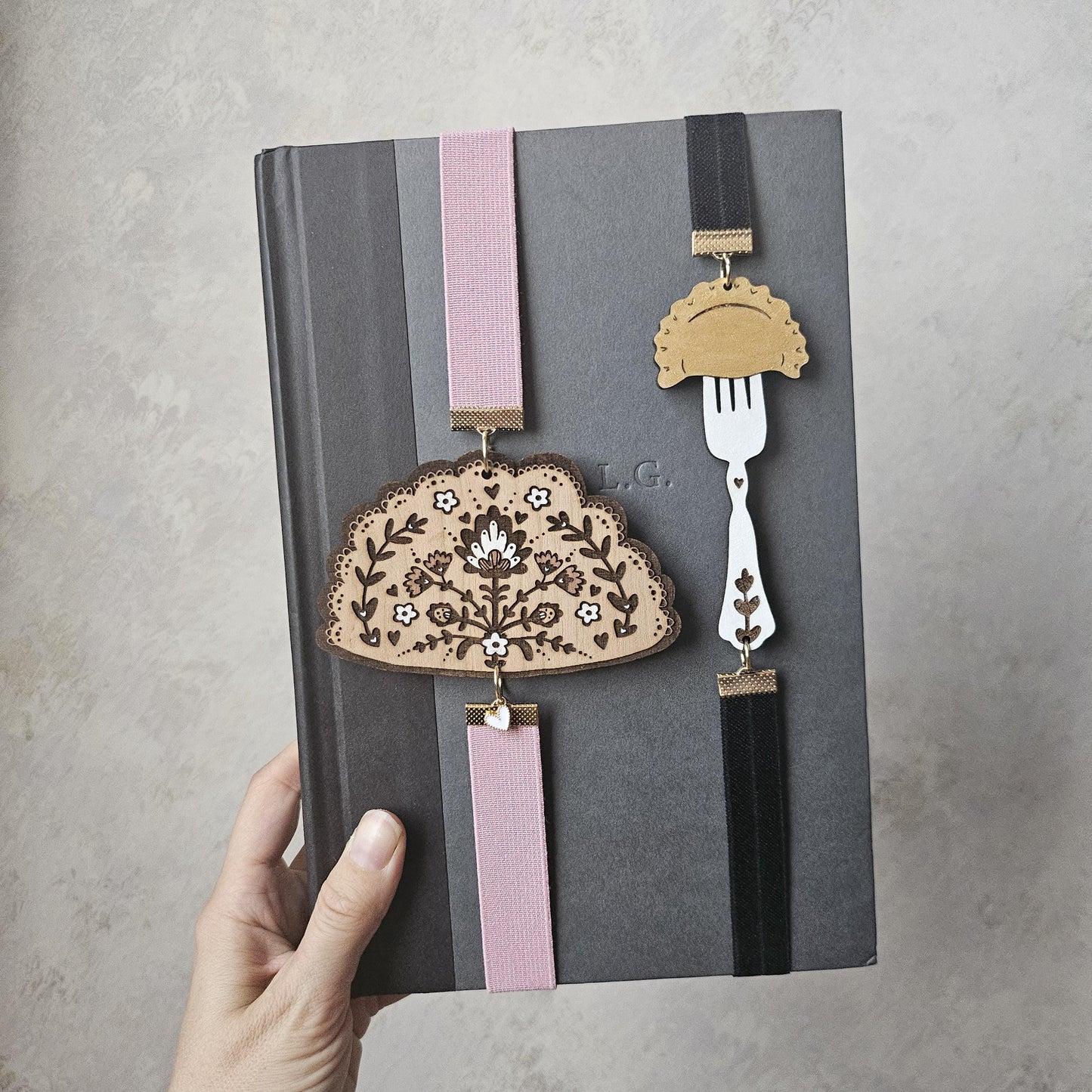 Pierogi on a Fork Bookmark / Elastic Ribbon Band Page Holder with Laser Engraved Wood Design / Book Lover Gift / Dumpling Bookmark / Planner