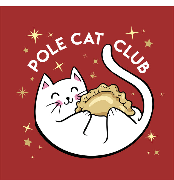 Pole Cat Club Logo of a white cat holding a pierogi dumpling with stars around it.