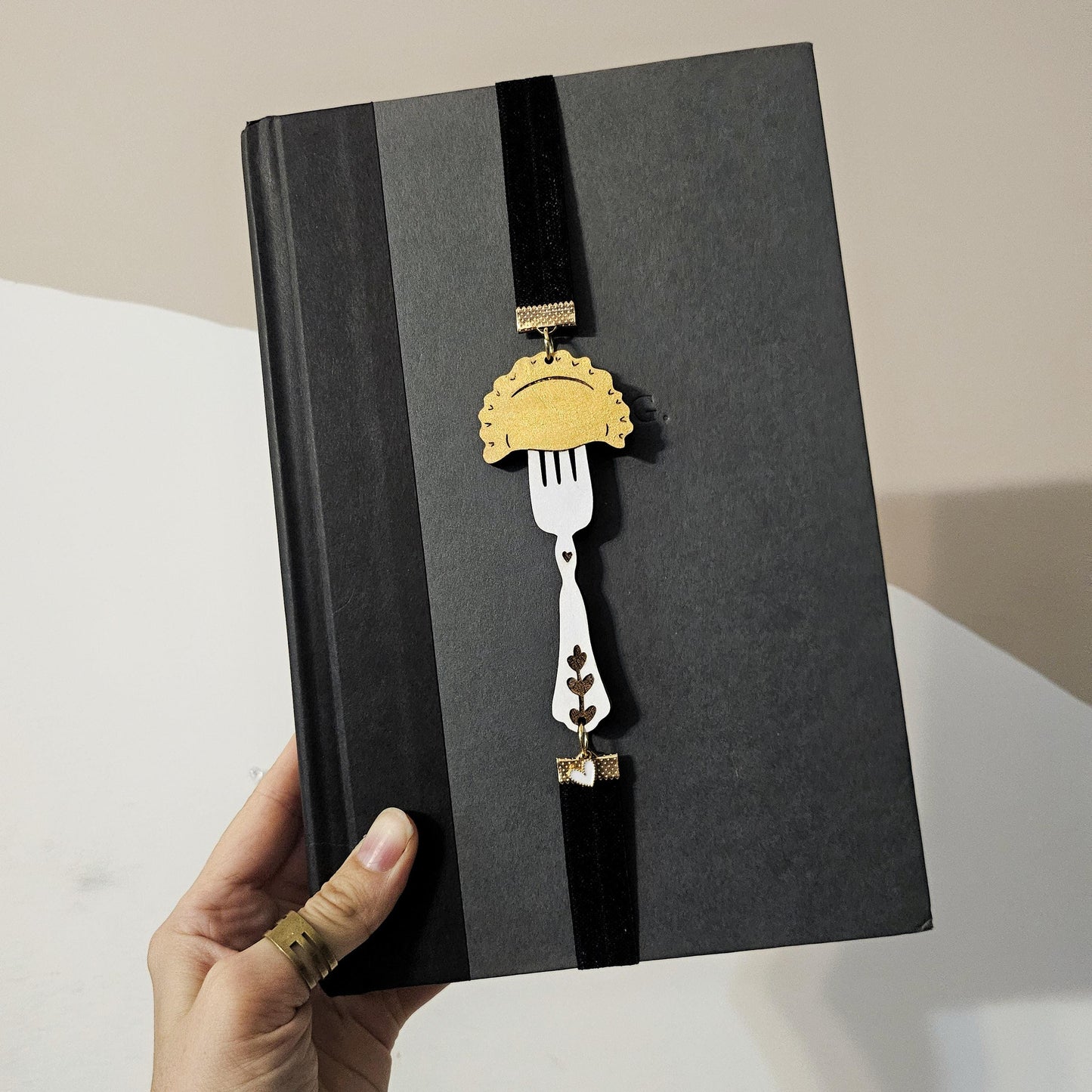 Pierogi on a Fork Bookmark / Elastic Ribbon Band Page Holder with Laser Engraved Wood Design / Book Lover Gift / Dumpling Bookmark / Planner