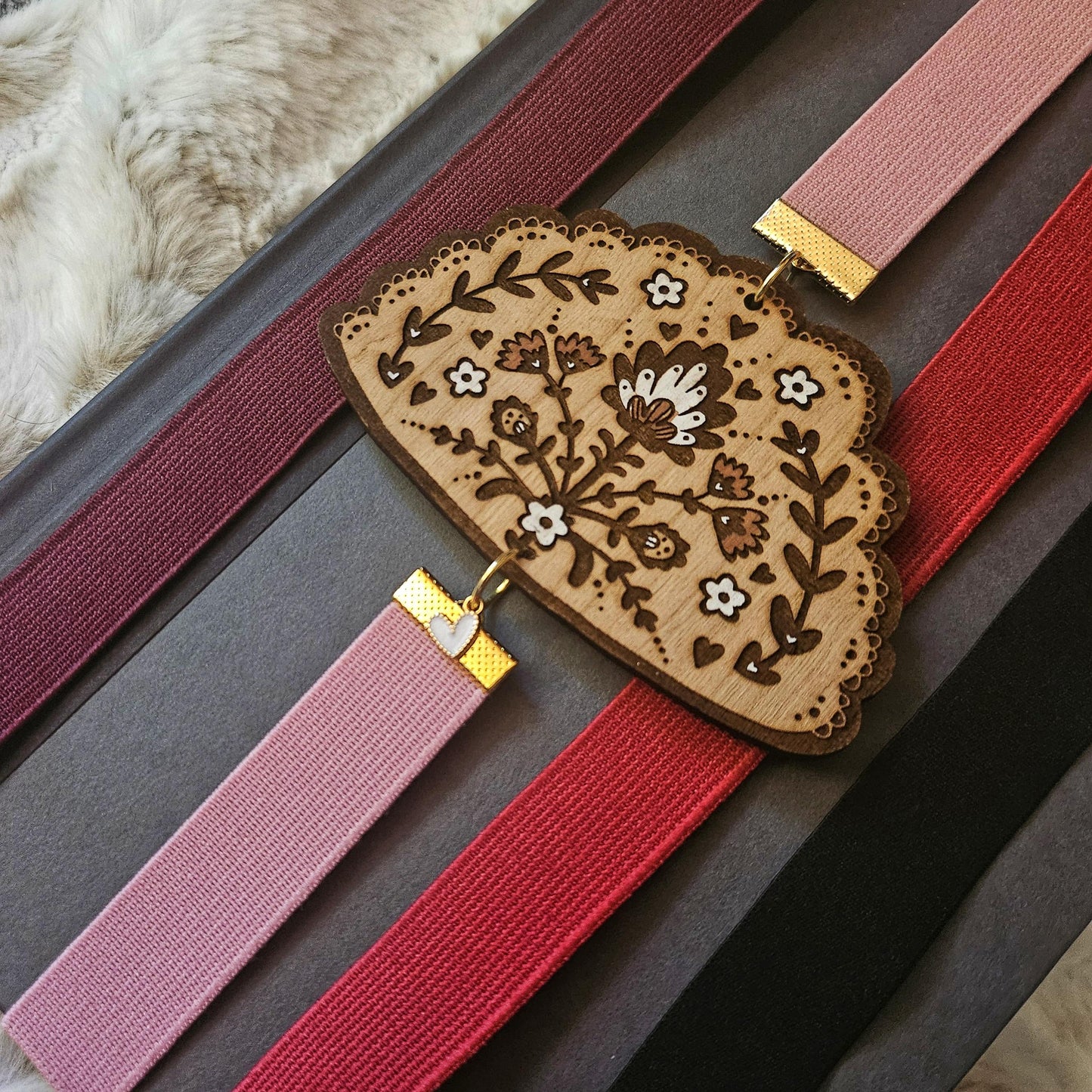 Folk Art Pierogi Bookmark // Dumpling Cookbook Elastic Ribbon Bookmark // Elastic Band Page Holder with Laser Engraved Wood Design