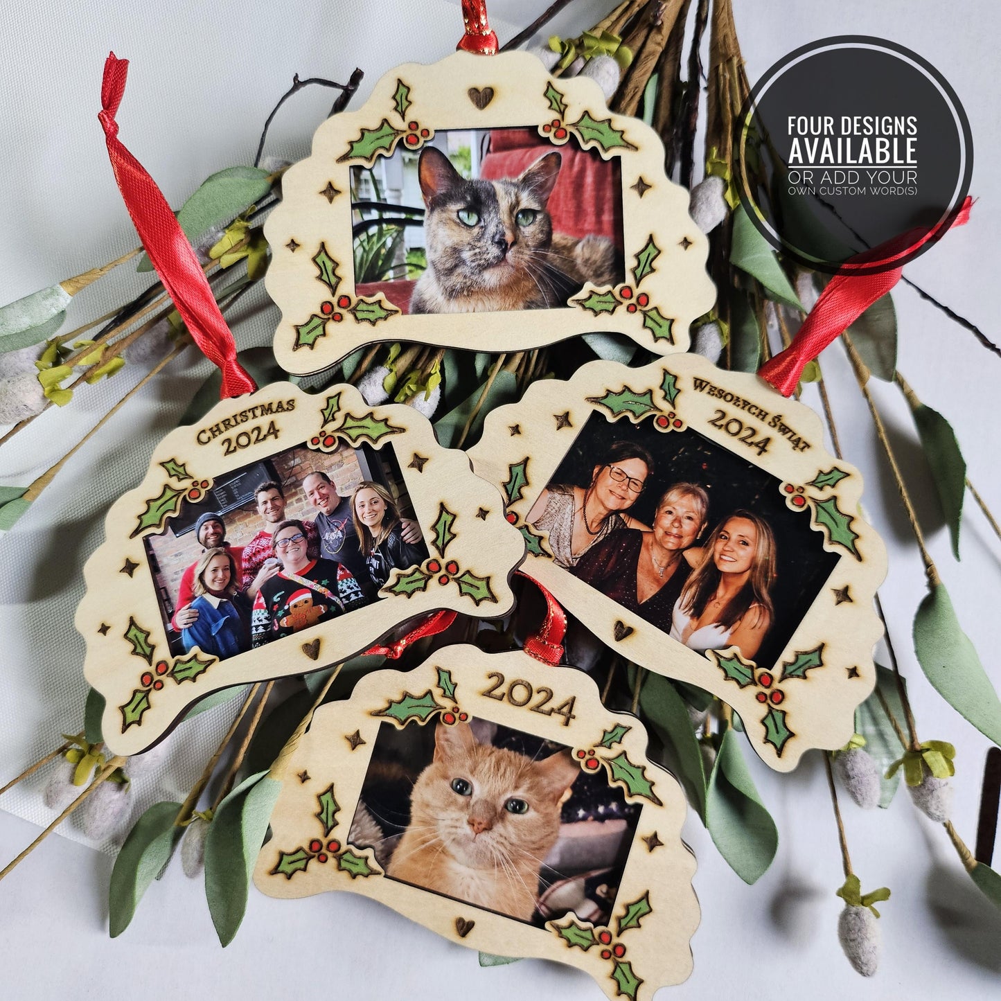 Pierogi Photo Frame Ornament, Holly Berry Christmas 2026, Laser Engraved Polish Gift, Custom 2x3 Picture
