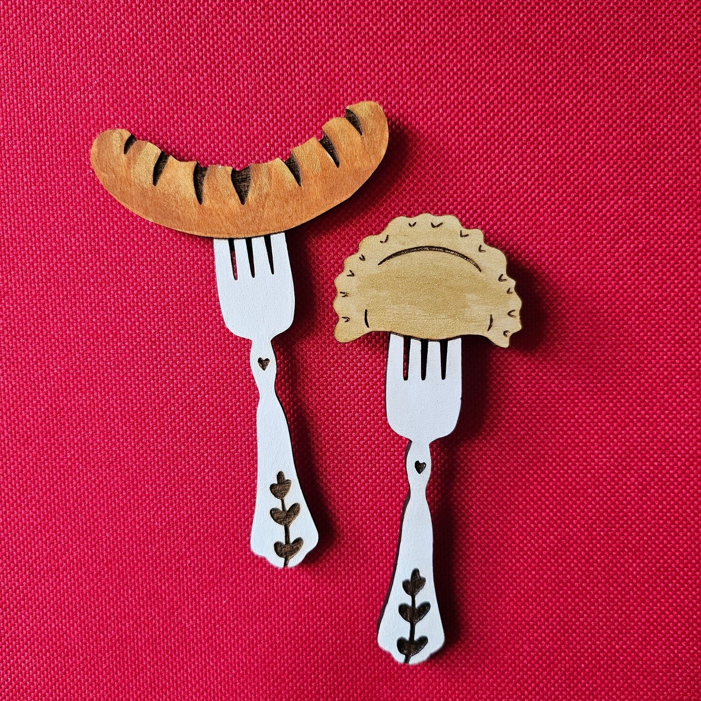 Sausage on Fork Magnet • Laser Engraved Wood Magnet • Polish Folk Art Kitchen Gift • Kielbasa Oktoberfest Magnet